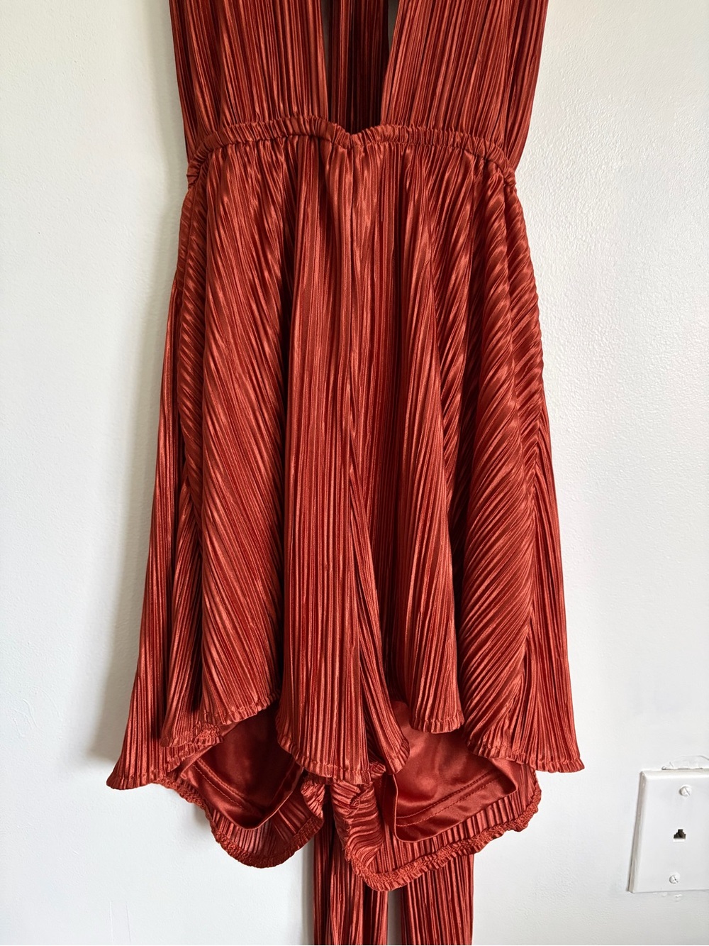 Rust Pleated High-Low Romper Dress